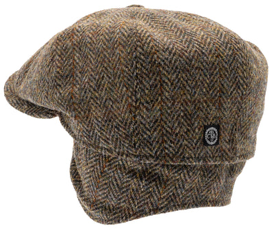Green Herringbone Harris Tweed cap with fold-down earflaps