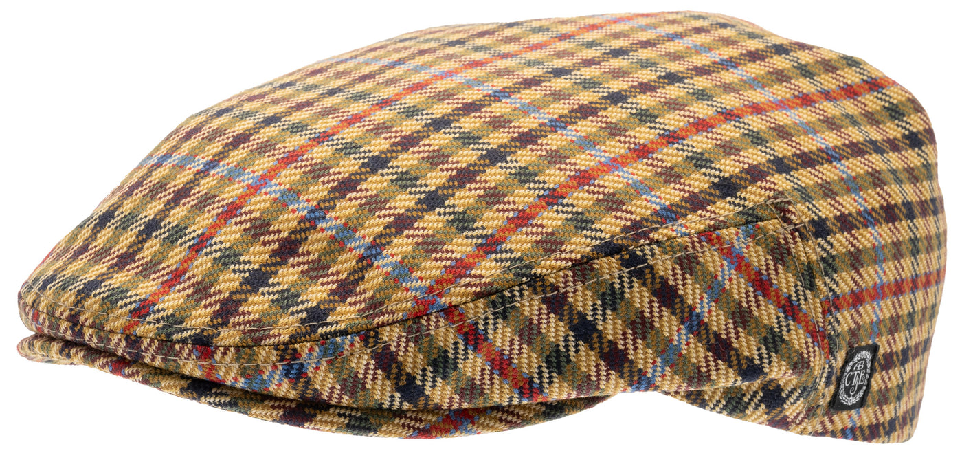 Flat cap in brown-beige checked fabric