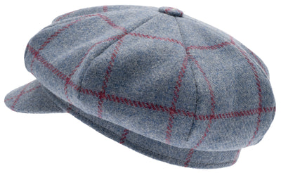 Ladies balloon cap in blue tweed with pink check