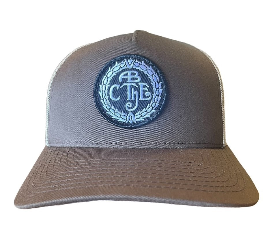 Brown 5-panel trucker cap with logo