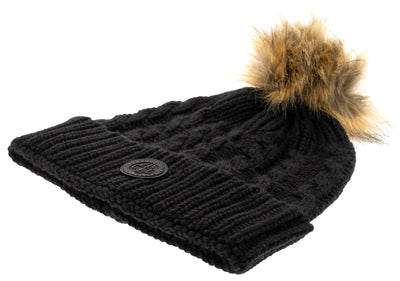 Svart kabelstickad mössa med pälstofs