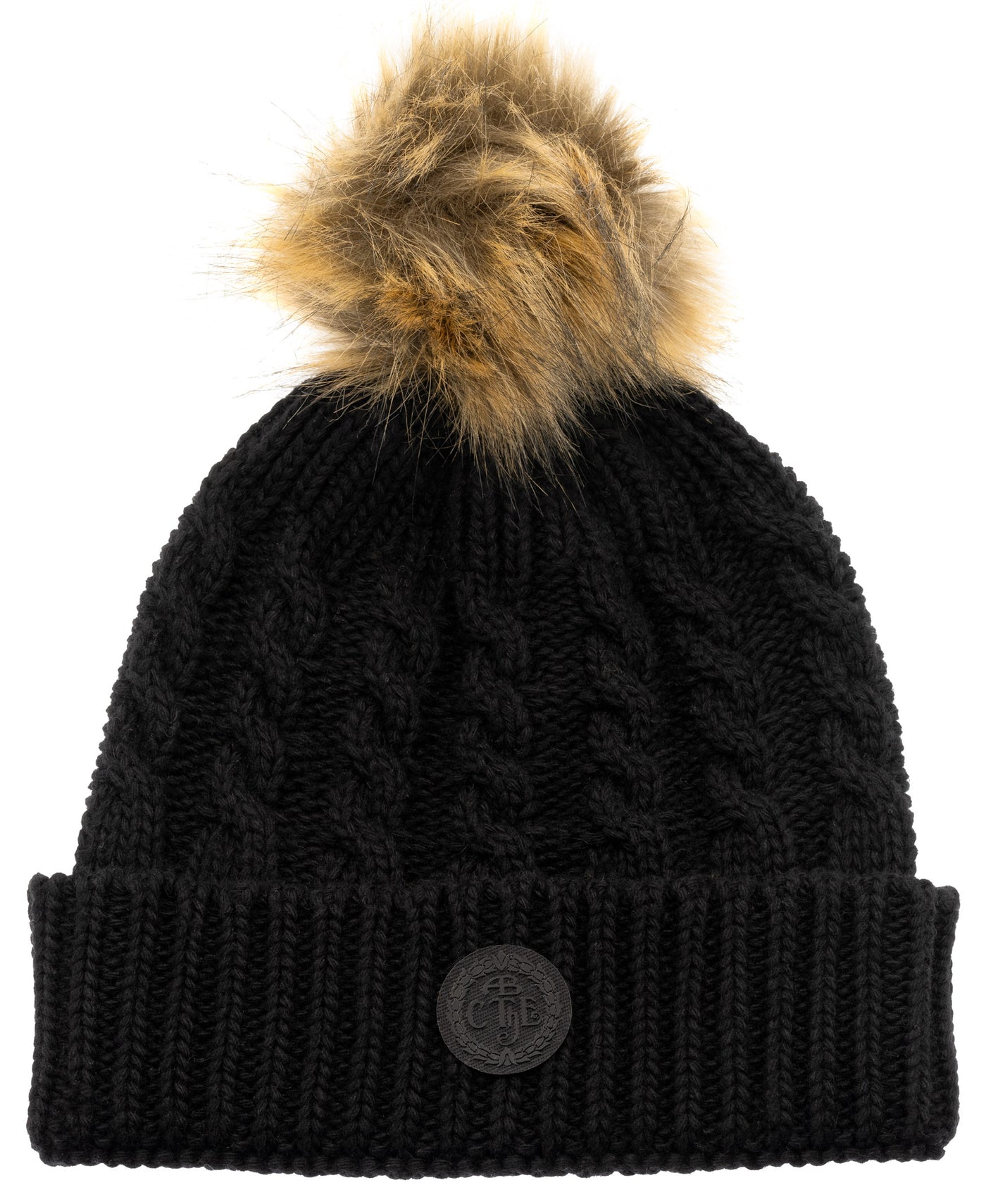 Black cable knit beanie with fur pompom