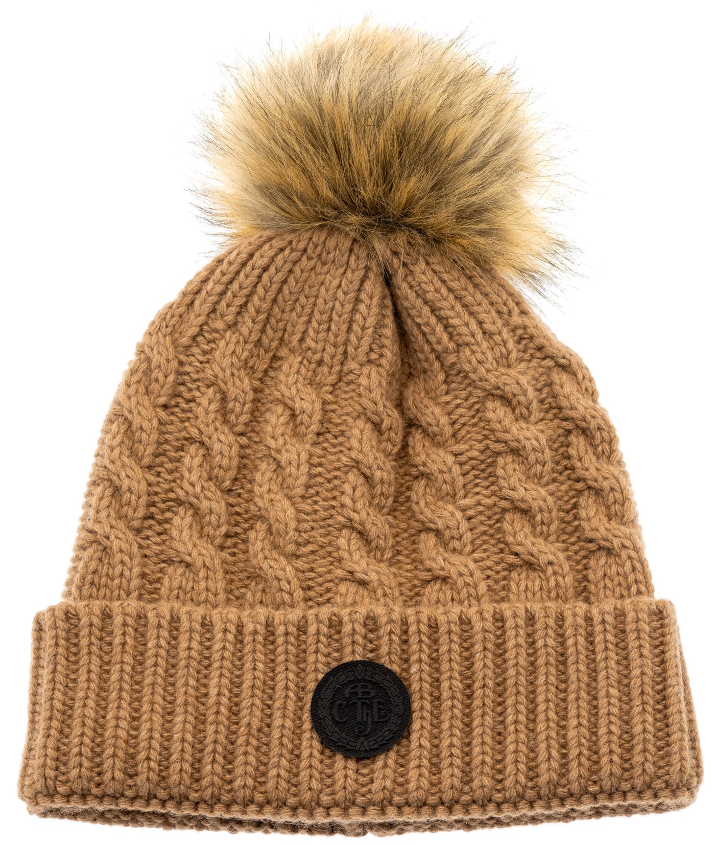 Brown cable knit beanie with fur pompom
