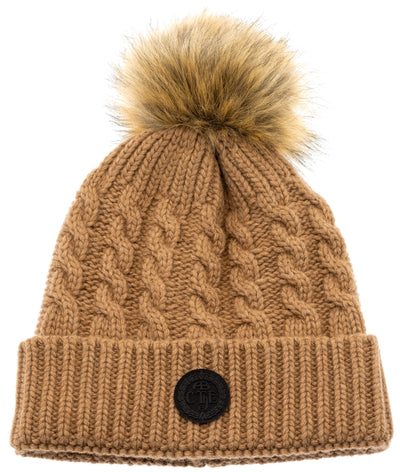 Brown cable knit beanie with fur pompom