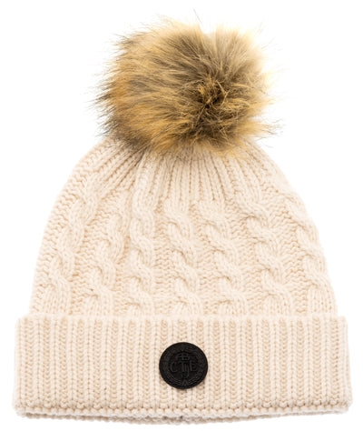 White cable knit beanie with fur pompom