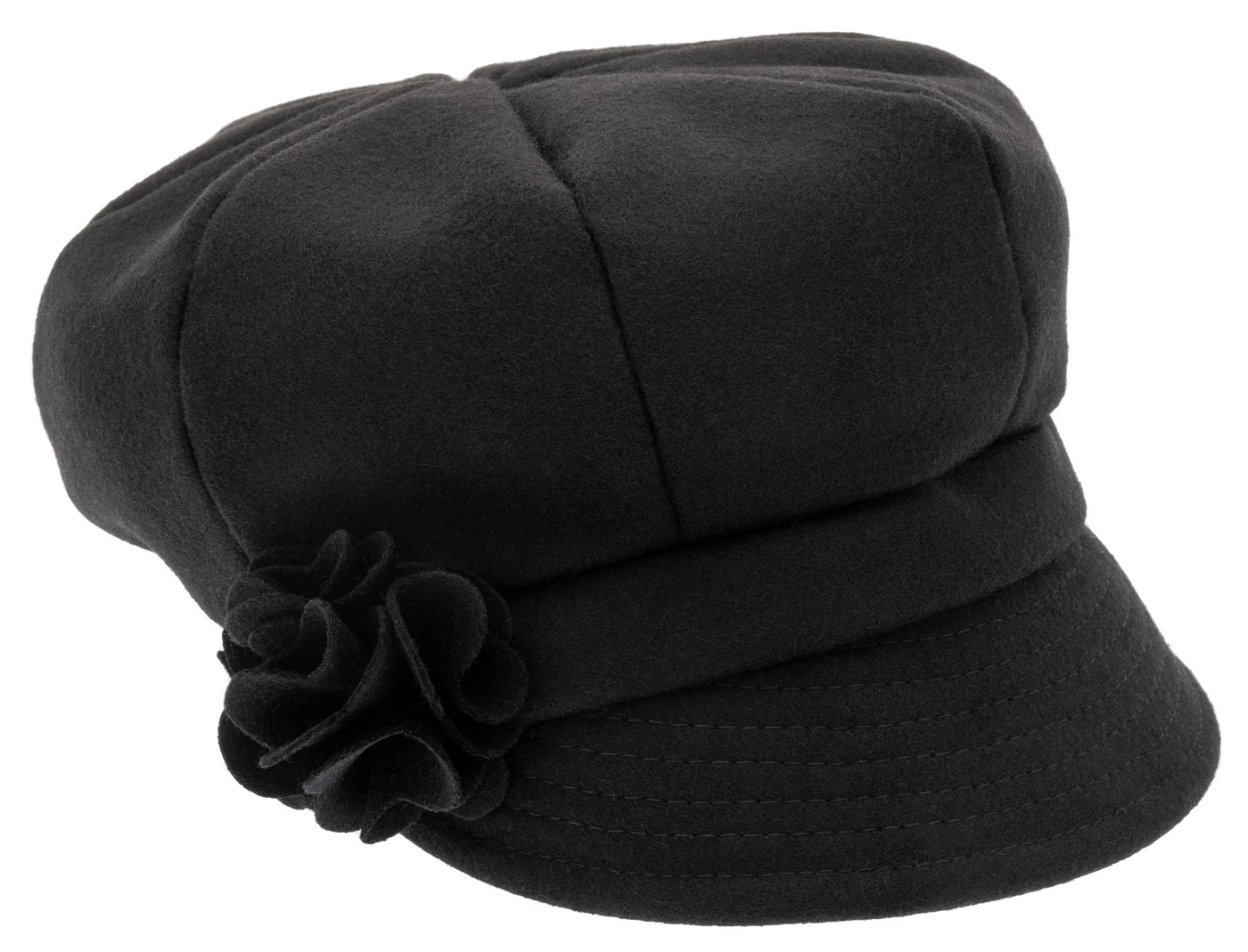 Black Ladies cap in 100% pure wool with a flower decoration on the side