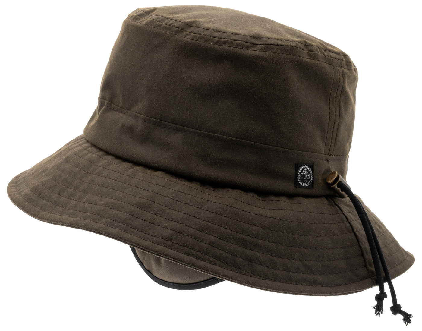 Green waxed outdoor hat with fold-down ear patches