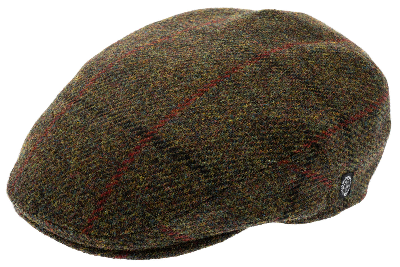 Harris tweed flat cap in green with black and red overchecks
