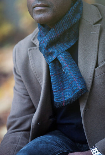 Checked Blue Scarf in Harris Tweed
